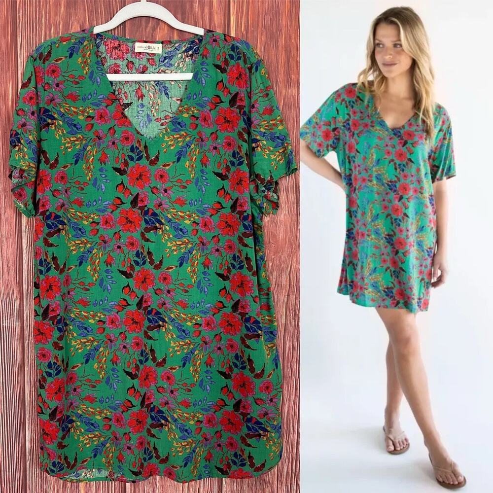 Natural Life Floral Shift Dress Short Sleeve Multicolor Green Boho Size Small S